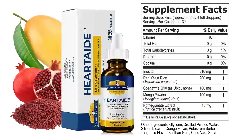 HeartAide ingredients label: Red Yeast Rice, CoQ10, Inositol, mango and pomegranate