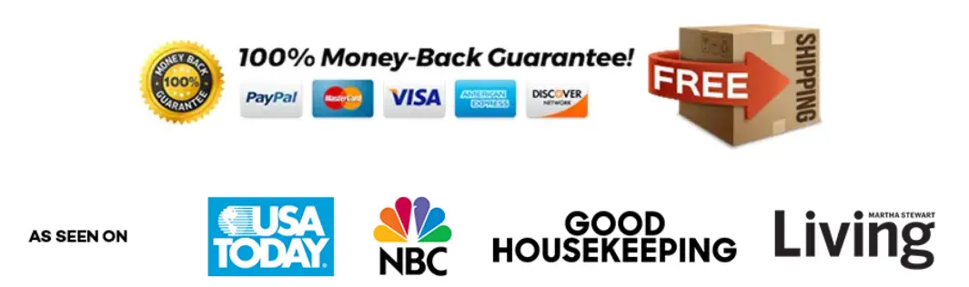 HeartAide trust badges: money-back guarantee, secure payment options and free shipping